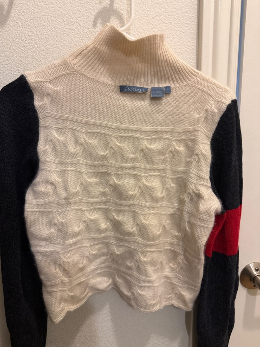 Aqua Cream Cable-Knit Turtleneck Sweater with Black Sleeves and Red Accent